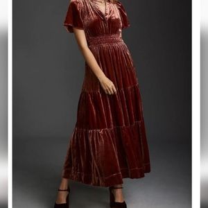 Anthropologie red velvet tiered maxi dress size M